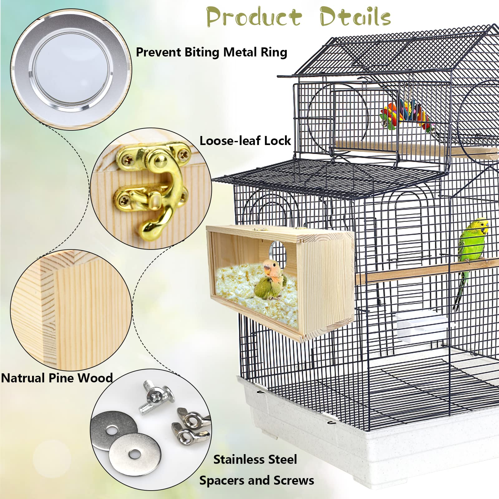 CooShou parakeet nesting box includes screws and perches for easy setup.