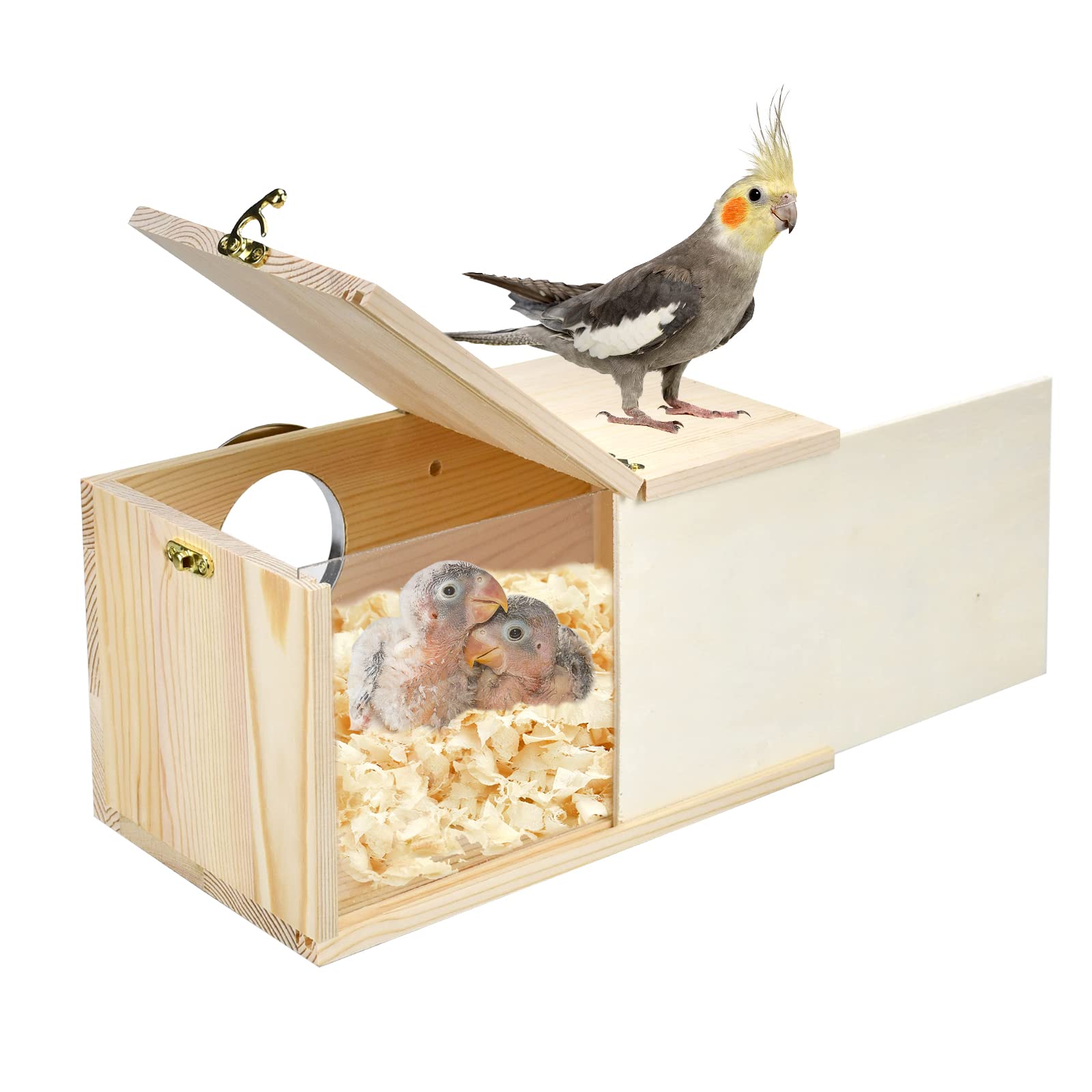 CooShou parakeet nesting box with natural pine exterior showcases durable, ready-to-use bird home.