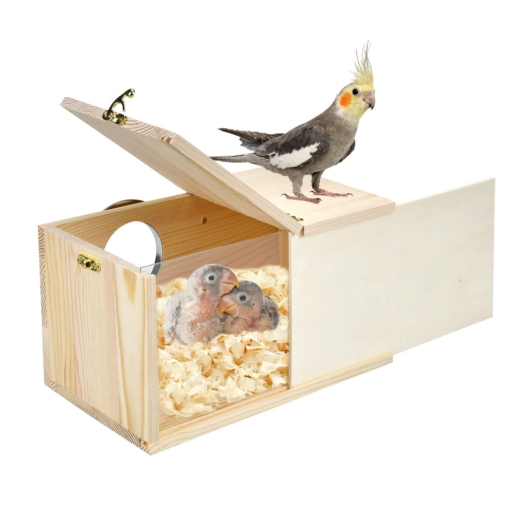 CooShou parakeet nesting box with natural pine exterior showcases durable, ready-to-use bird home.