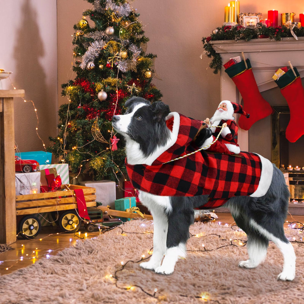 CooShou plaid Christmas hoodie on dog highlighting adjustable Velcro fit.