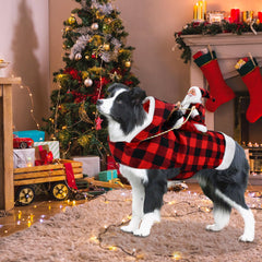 CooShou plaid Christmas hoodie on dog highlighting adjustable Velcro fit.
