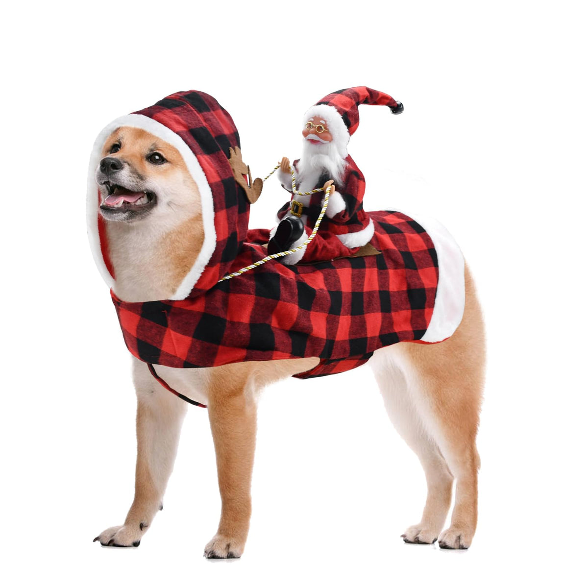 CooShou Santa riding costume on dog for festive photo moments.