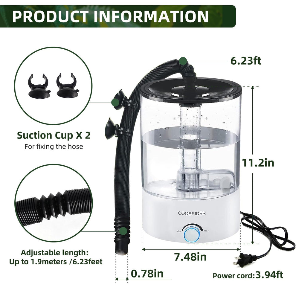 COOSPIDER 4.2L capacity highlights extended run time for terrariums.
