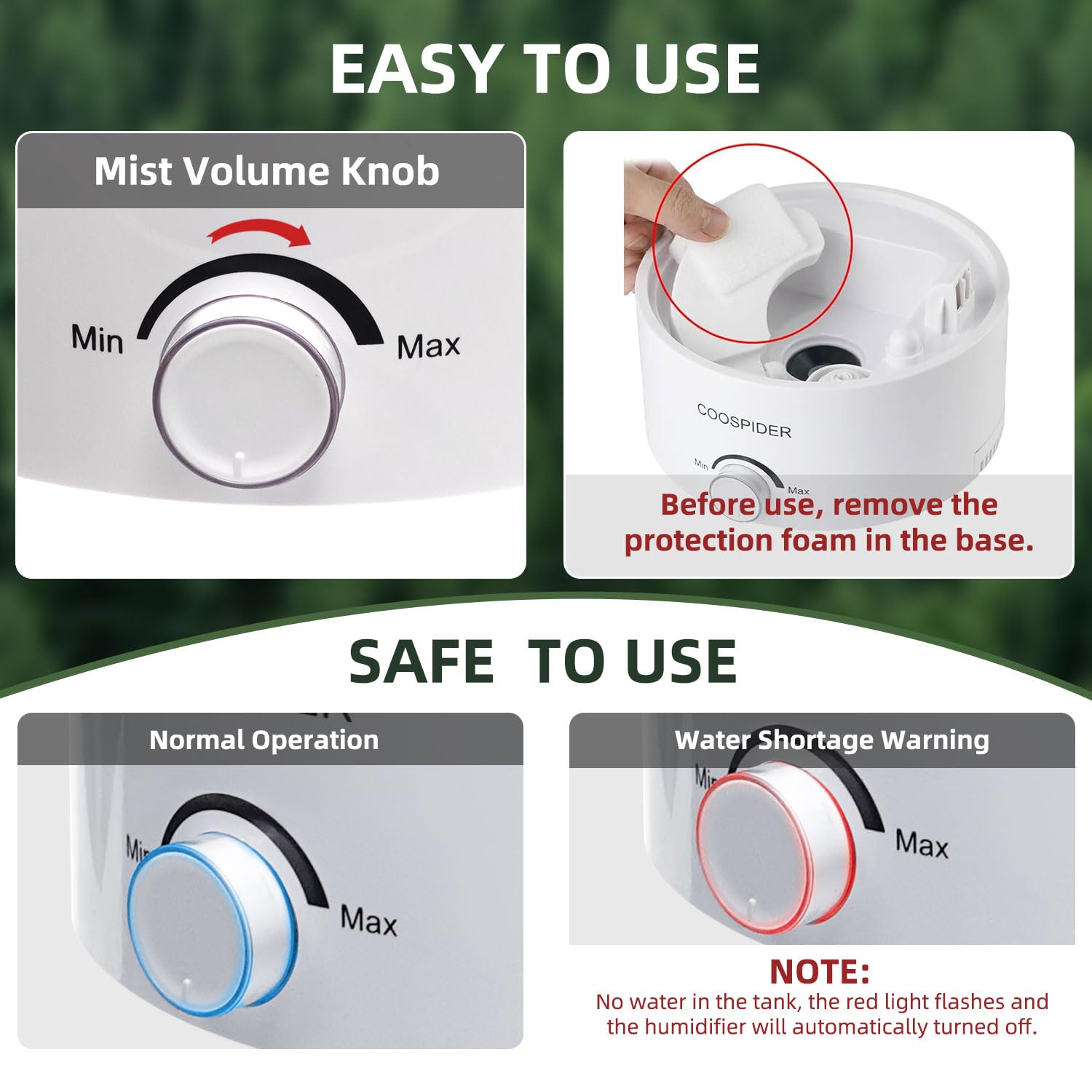 COOSPIDER fine-mist silent-operation emphasizes quiet misting for night use.