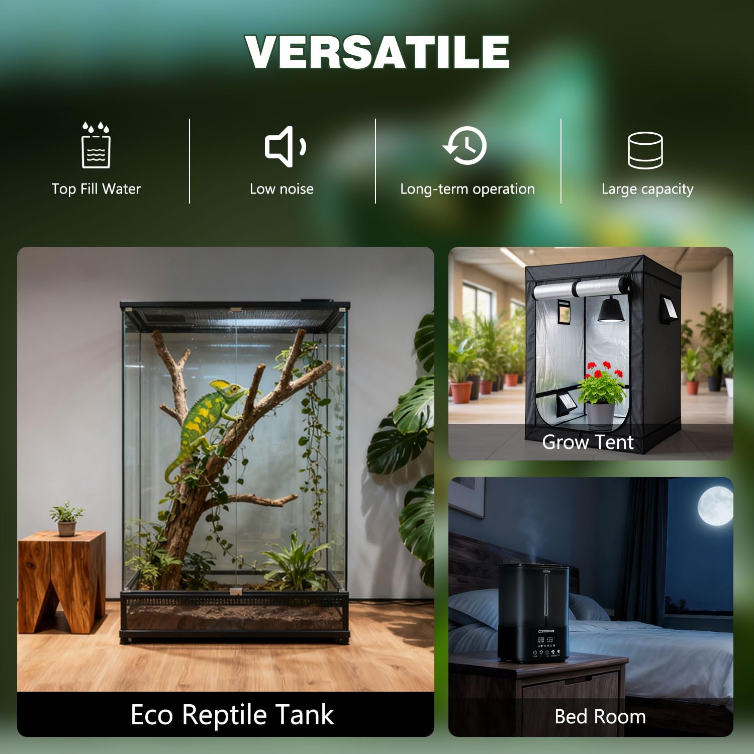 COOSPIDER reptile fogger in quiet operation supports nighttime terrarium humidification.