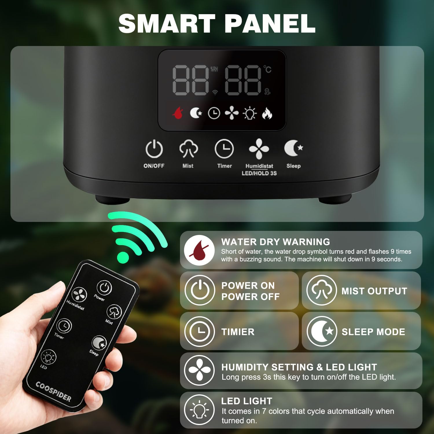 COOSPIDER reptile misting system timer display helps automate humidity control.
