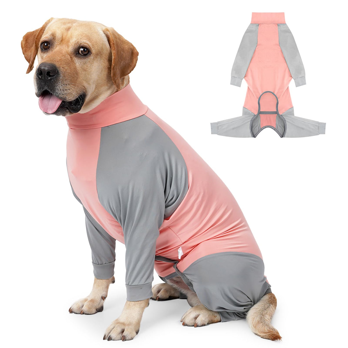 Coppthinktu recovery suit dog outer view shows secure fit for post-surgery comfort
