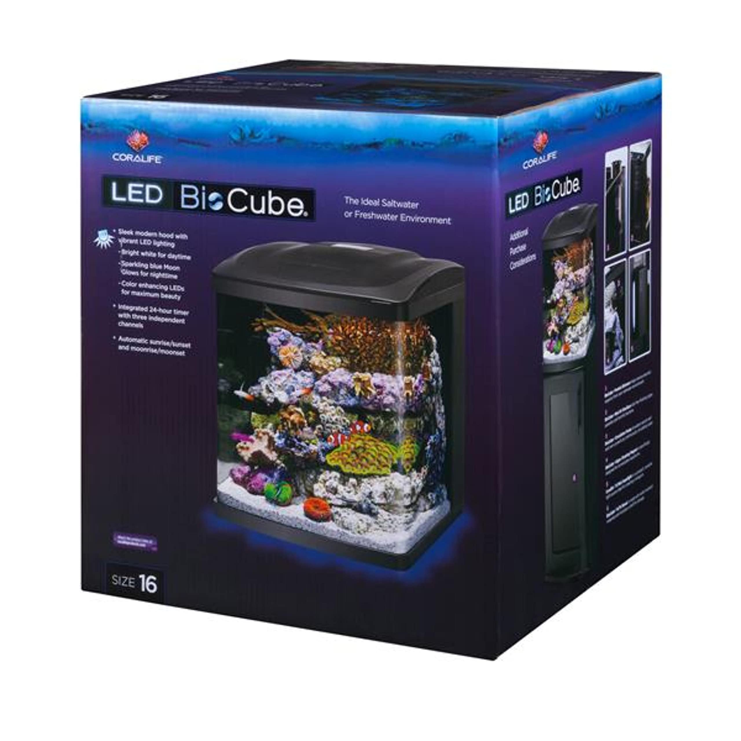 Coralife BioCube compact filtration back highlights built in filtration for easy maintenance