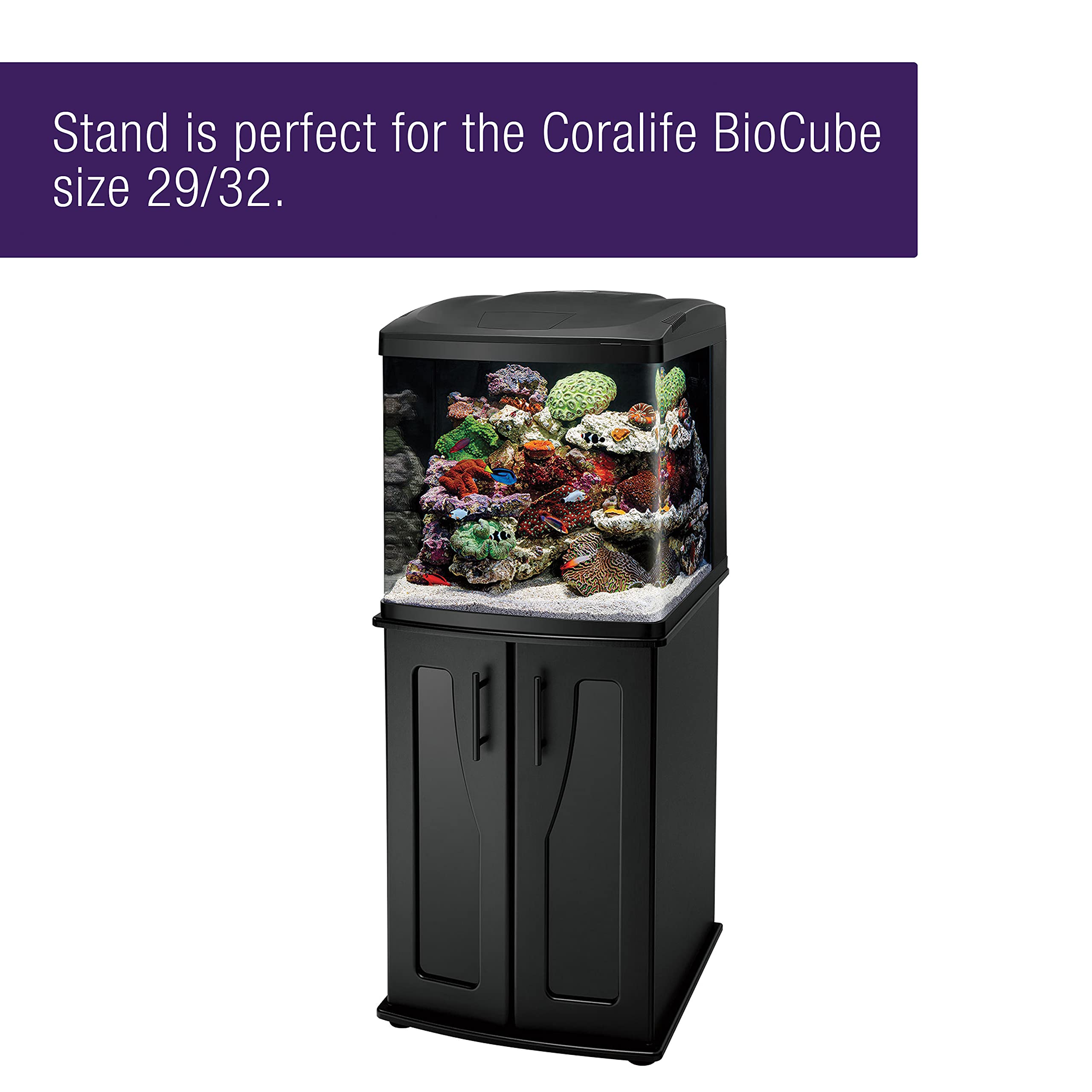 Coralife BioCube stand shelf storage illustrates organized tool and food space.