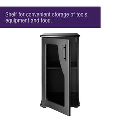 Coralife BioCube wood stand storage-shelf keeps tools organized near the tank.
