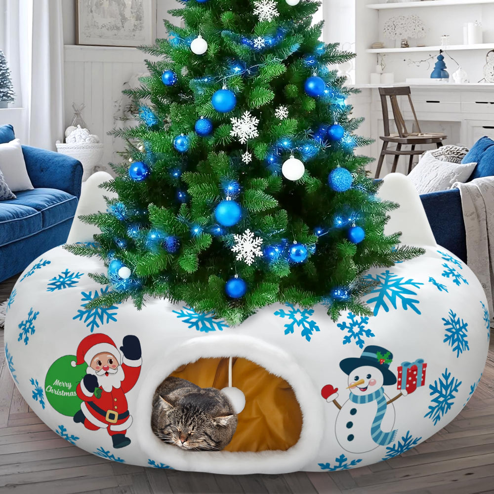 CORALMEE Christmas Cat Tunnel with Santa-Snowman print offers festive play and cozy hideaway.