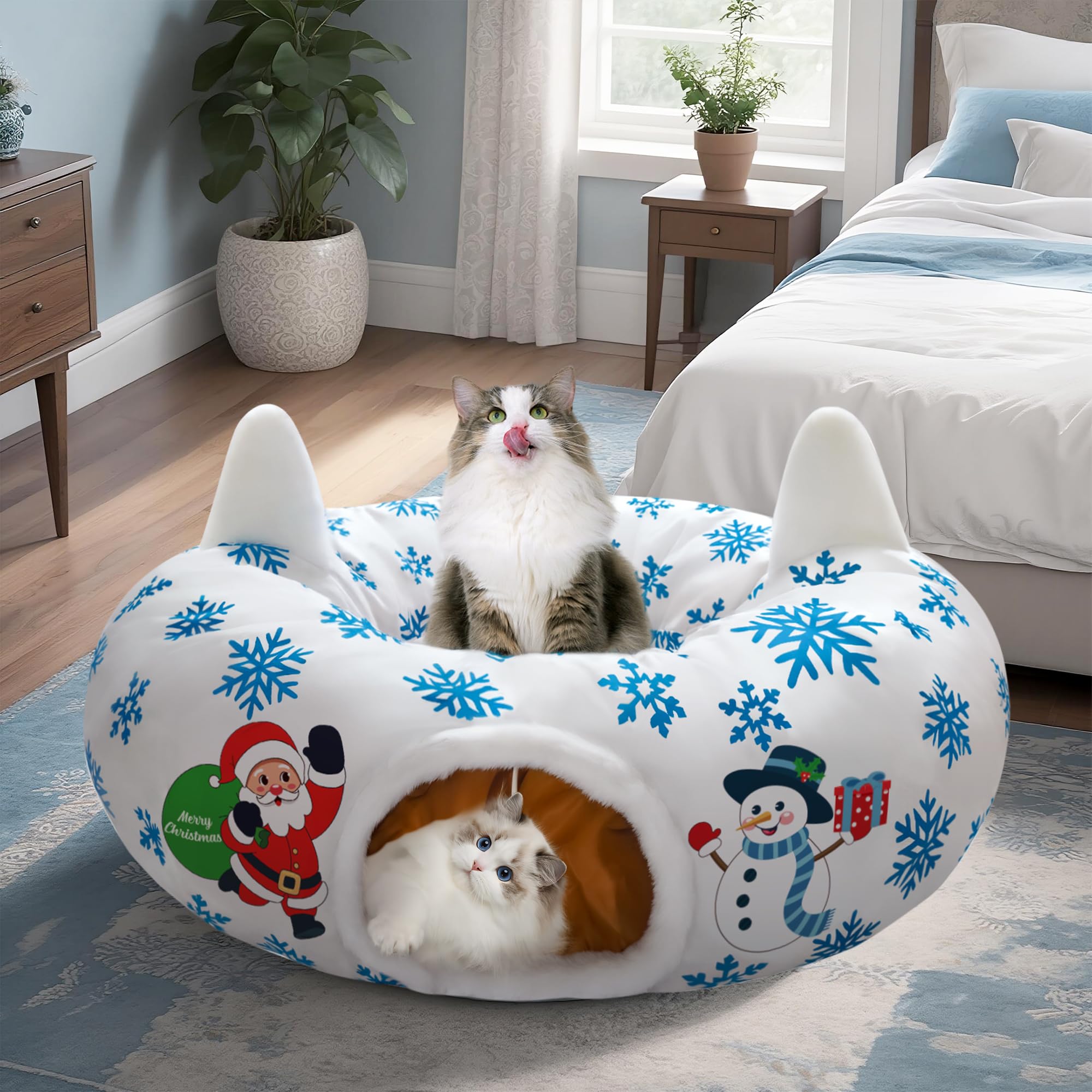 CORALMEE cat tunnel wraps around tree base for space-saving holiday decor and play.