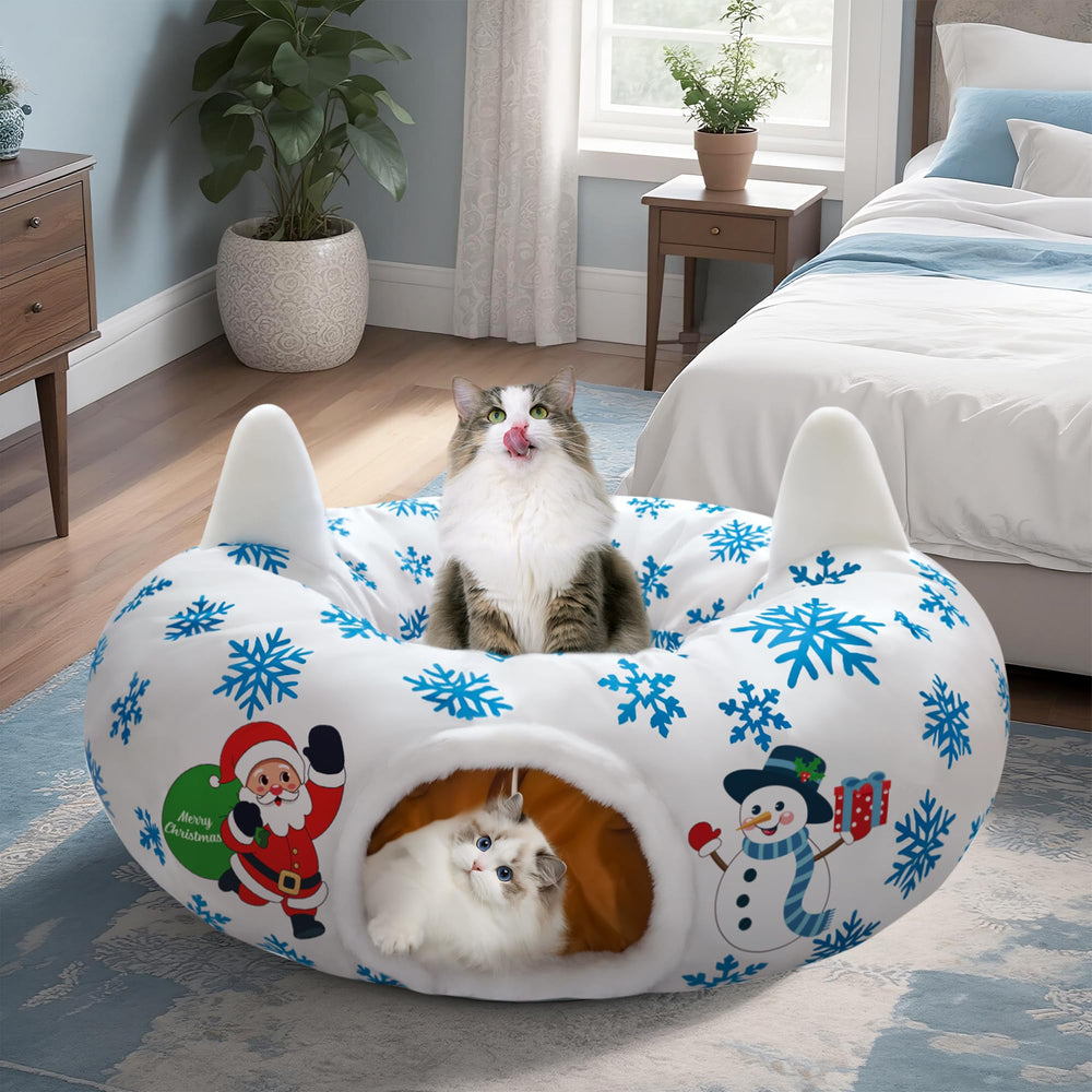 CORALMEE cat tunnel wraps around tree base for space-saving holiday decor and play.