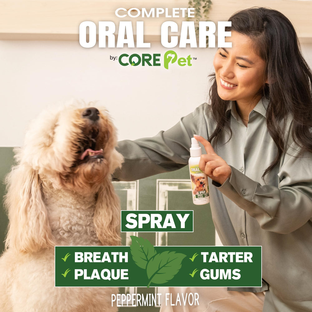 CORE Pet Complete Oral Care label closeup highlighting natural USA-made formula