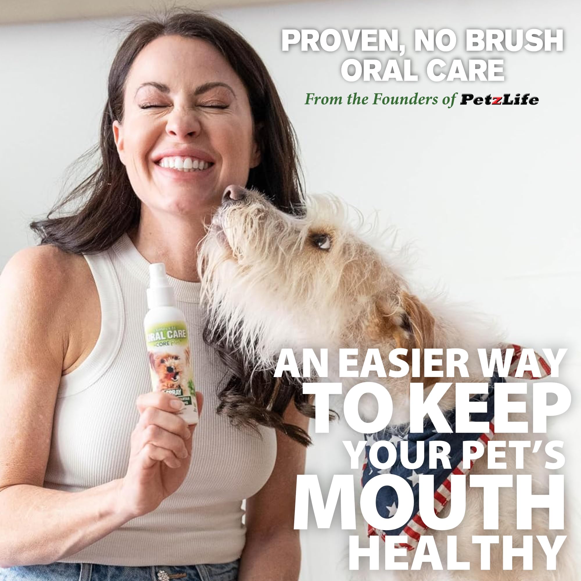 CORE Pet Complete Oral Care peppermint spray applied to teeth for fresh breath