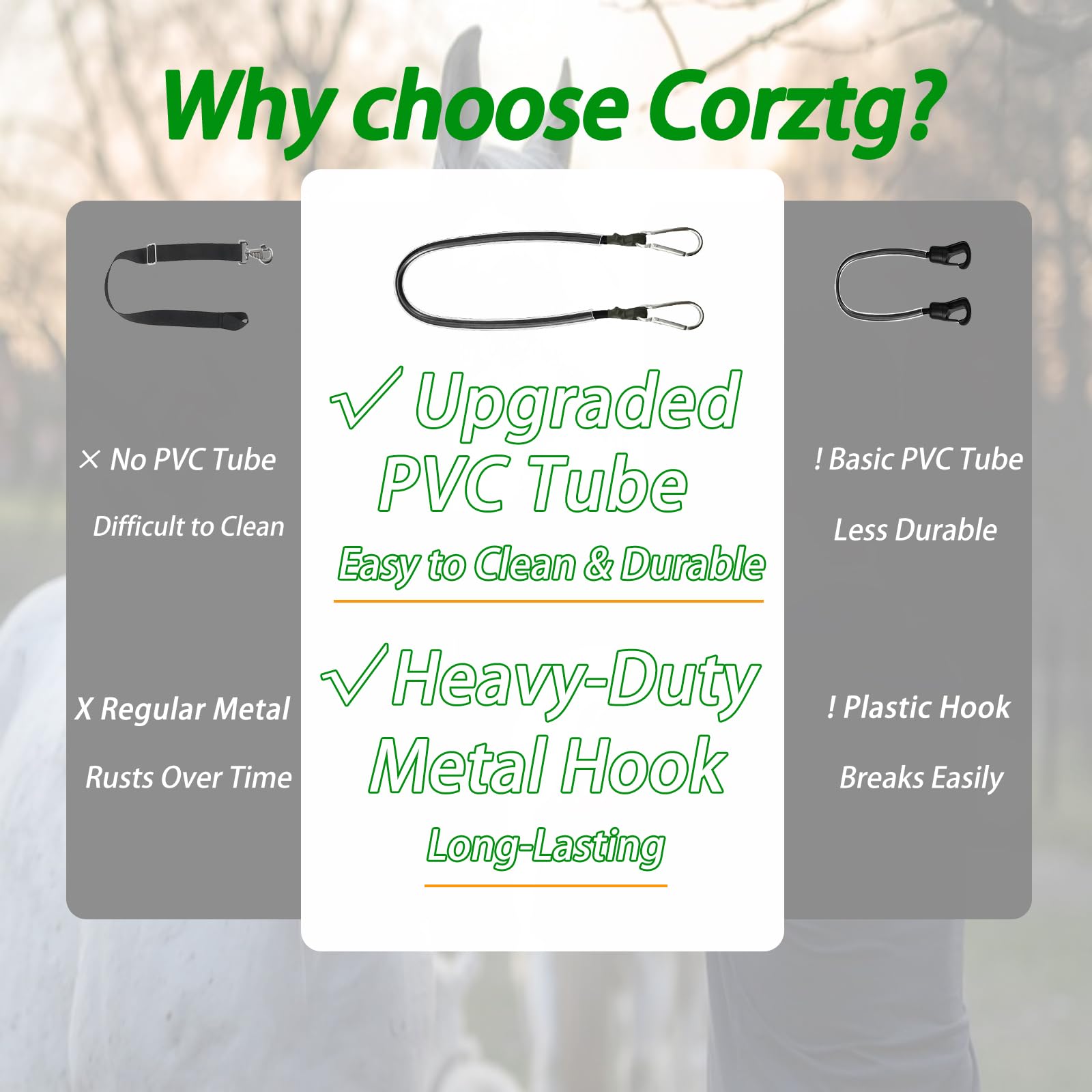 Corztg horse blanket leg straps metal snaps closeup highlights rust-proof hardware for long barn life.