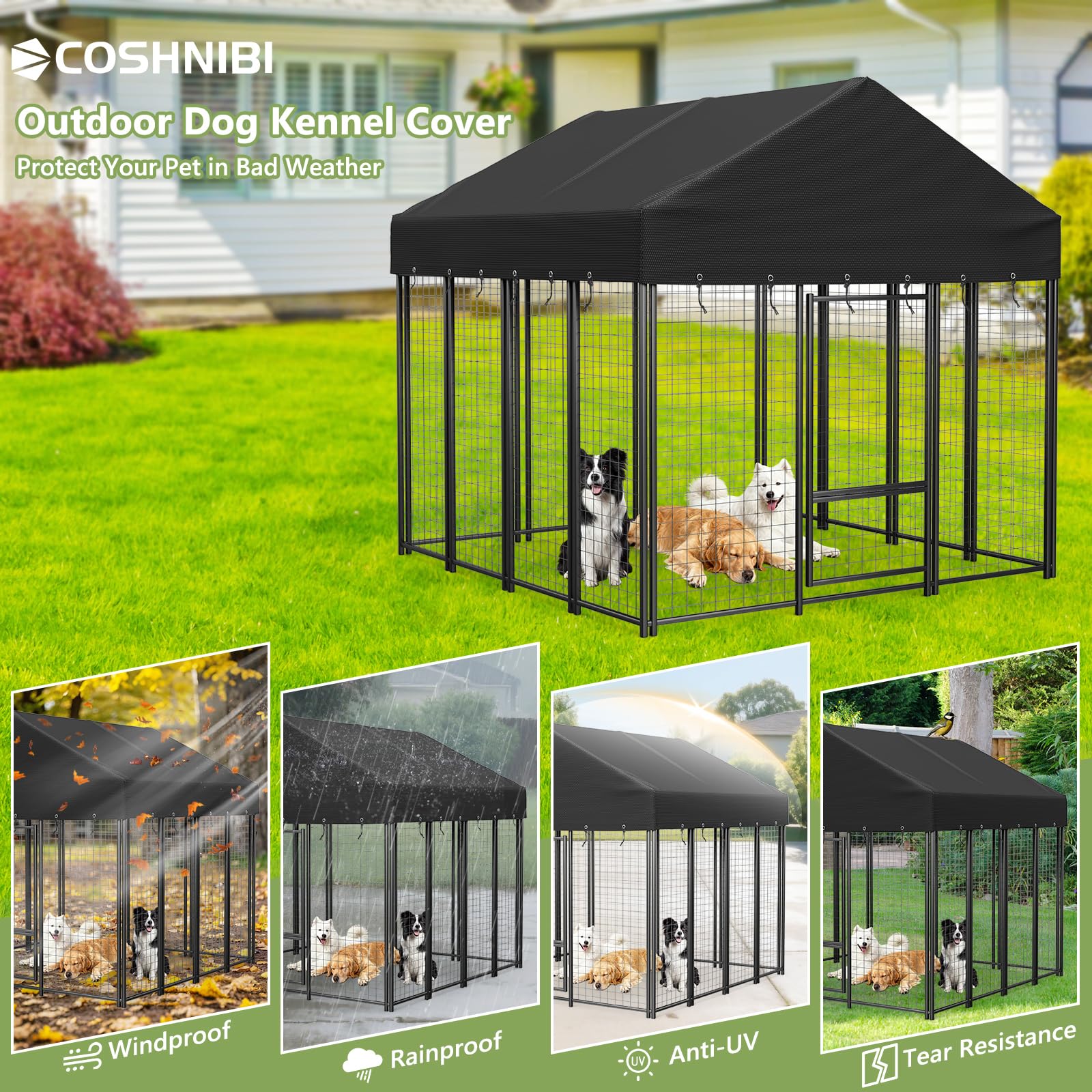 COSHNIBI black cover complements outdoor kennel setup.