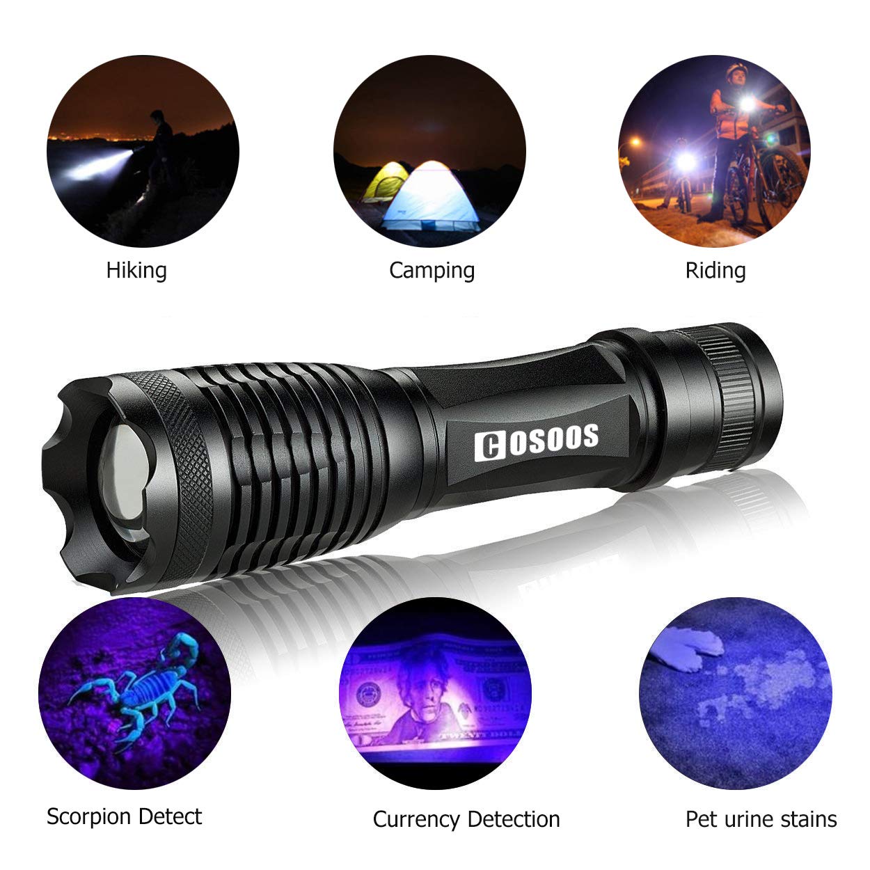 COSOOS tactical-flashlight-zoom-beam enables adjustable focus for precise scorpion or urine search.