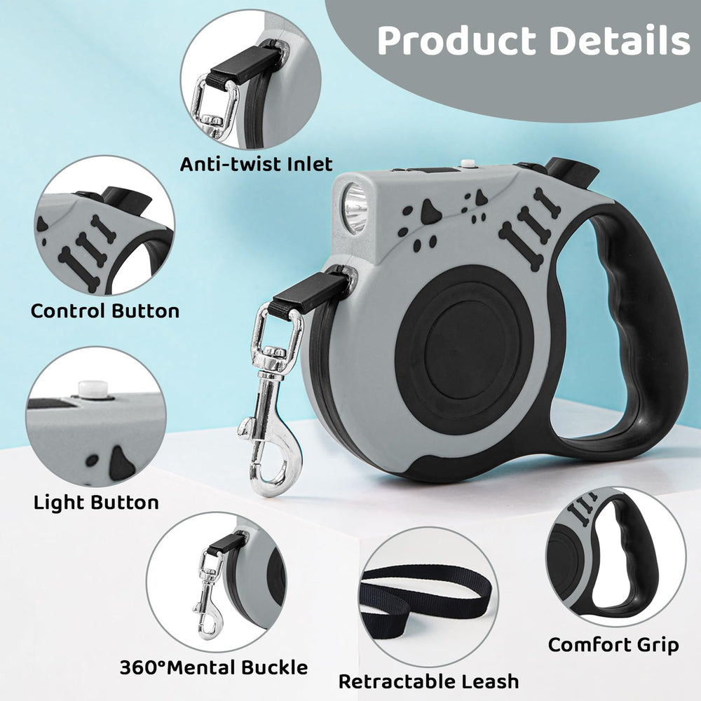 COSOWO retractable dog leash flashlight-on image highlights built-in USB flashlight for safe night walks.