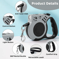 COSOWO retractable dog leash flashlight-on image highlights built-in USB flashlight for safe night walks.