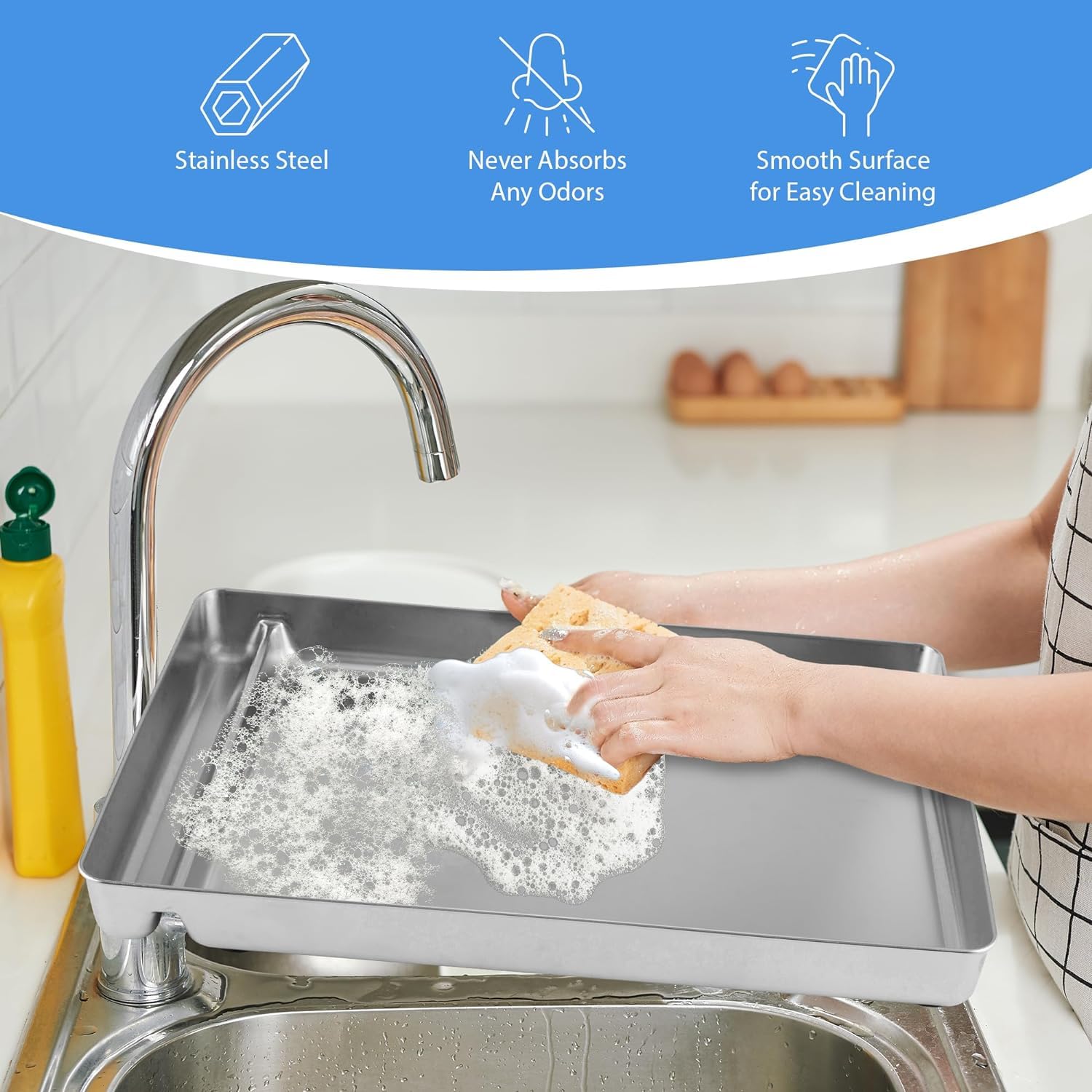 COSPARX non-porous surface showcases odor-resistant, stain-resistant stainless steel tray.