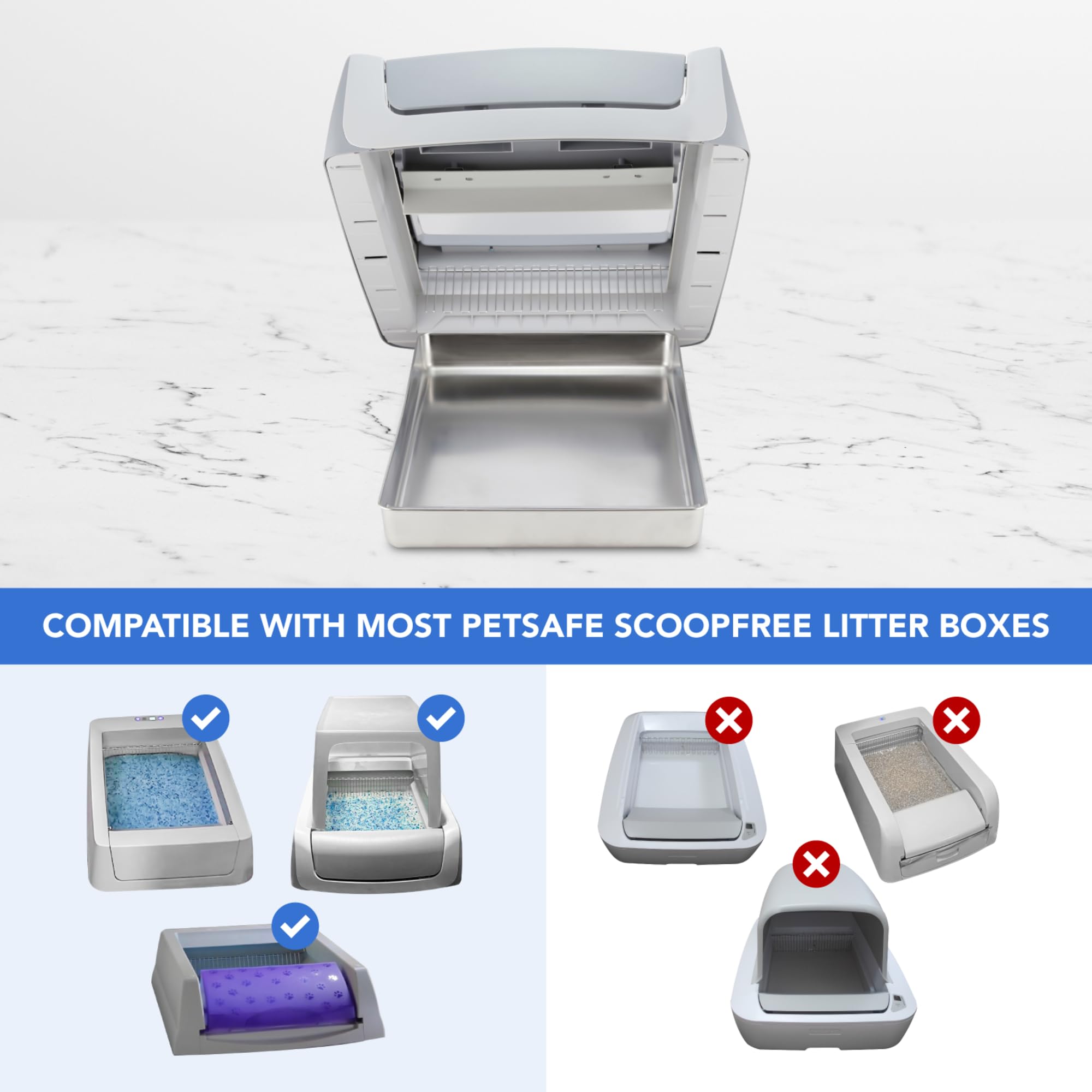 COSPARX stainless steel tray fit-check reveals snug compatibility with PetSafe Scoop-Free.