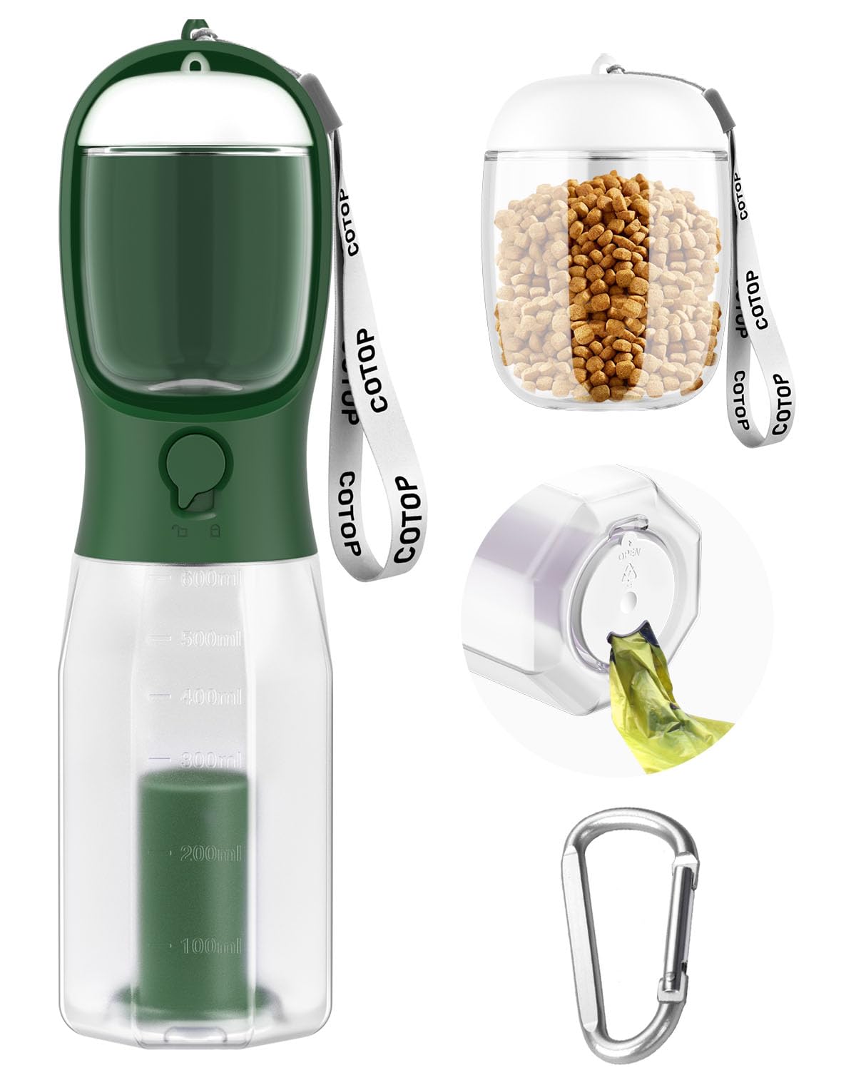 COTOP 20oz dog water bottle with food container for easy hydration on walks.