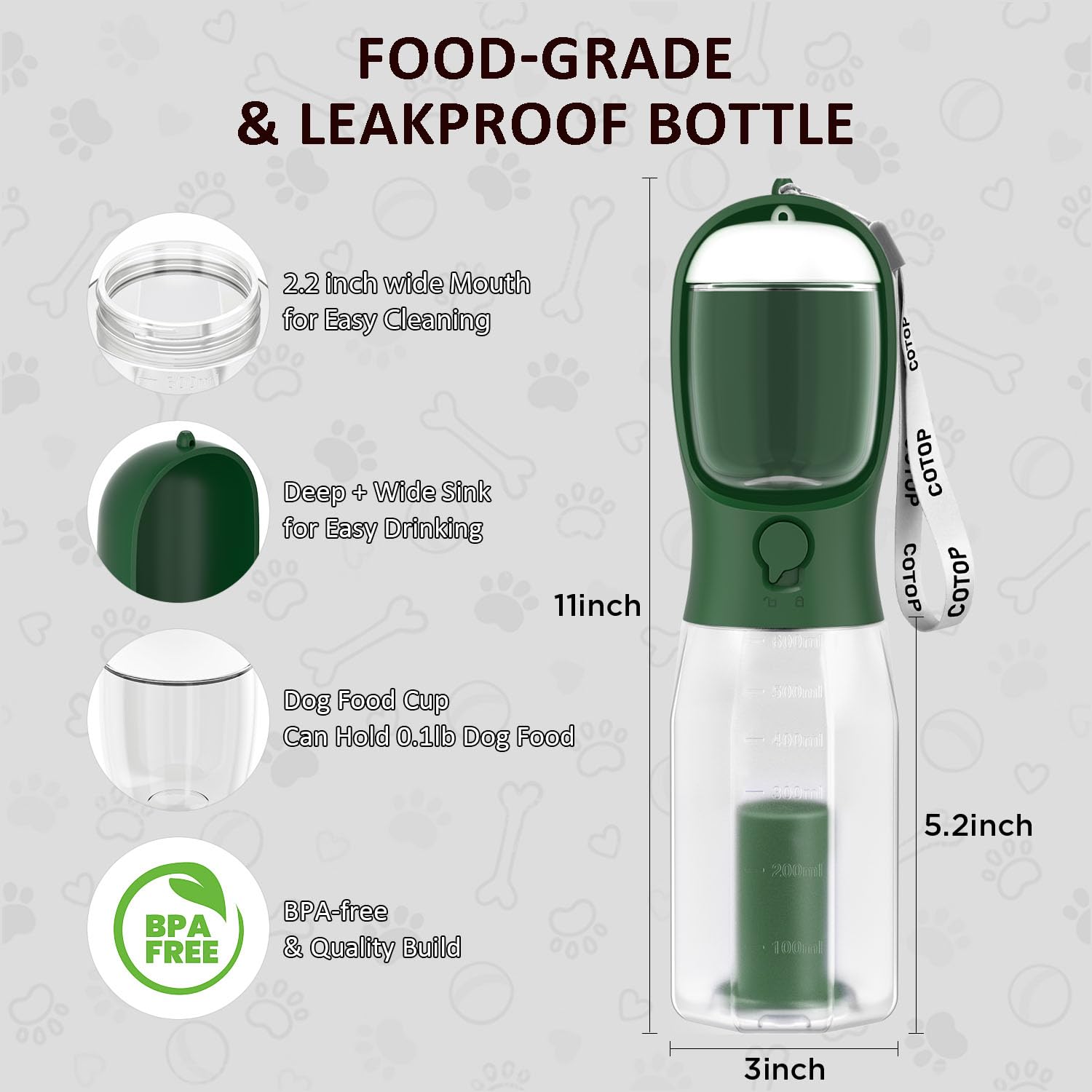 COTOP dishwasher-safe dog bottle designed for quick, thorough cleaning.