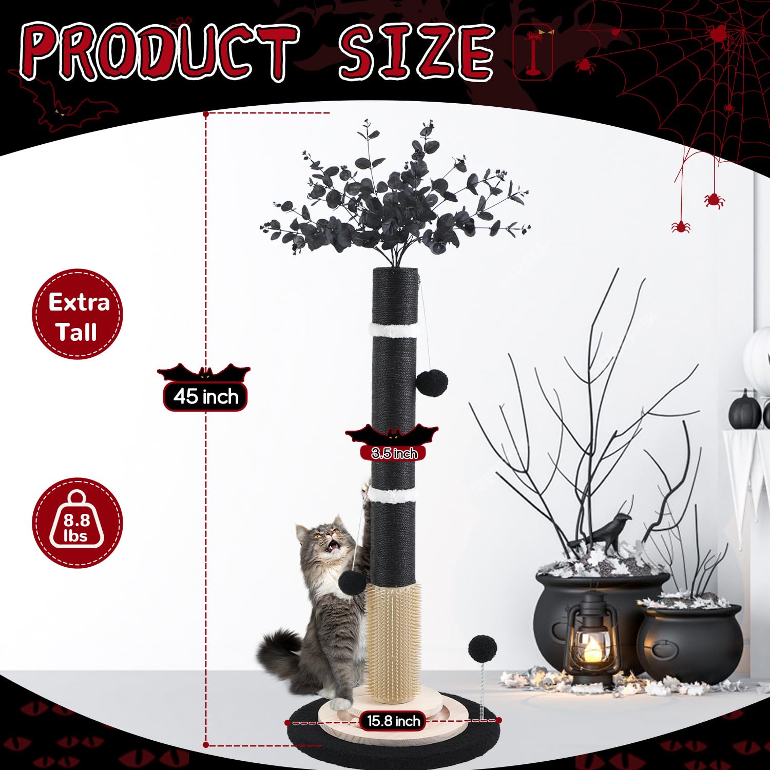 COUNER black Gothic-design sisal post highlights stylish indoor scratcher for large cats.