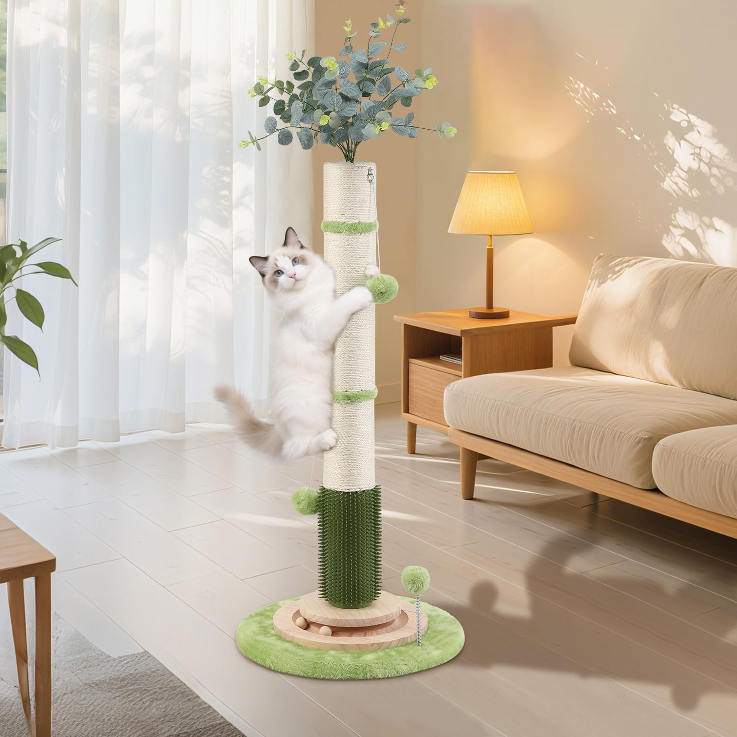 COUNER 4-in-1 design offers scratching, play, grooming, and entertainment.