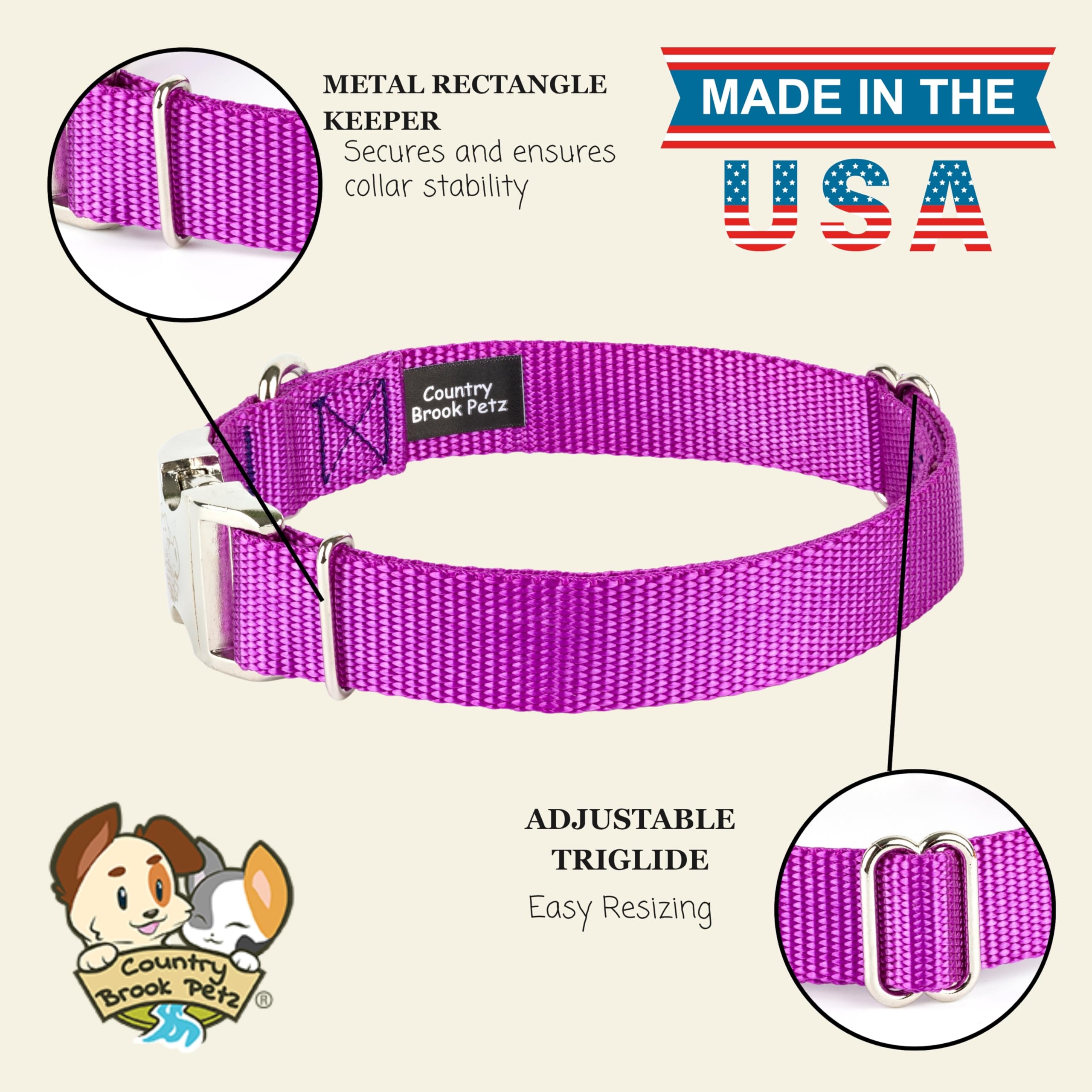 Country Brook Petz collar made in USA logo signals handcrafted quality.