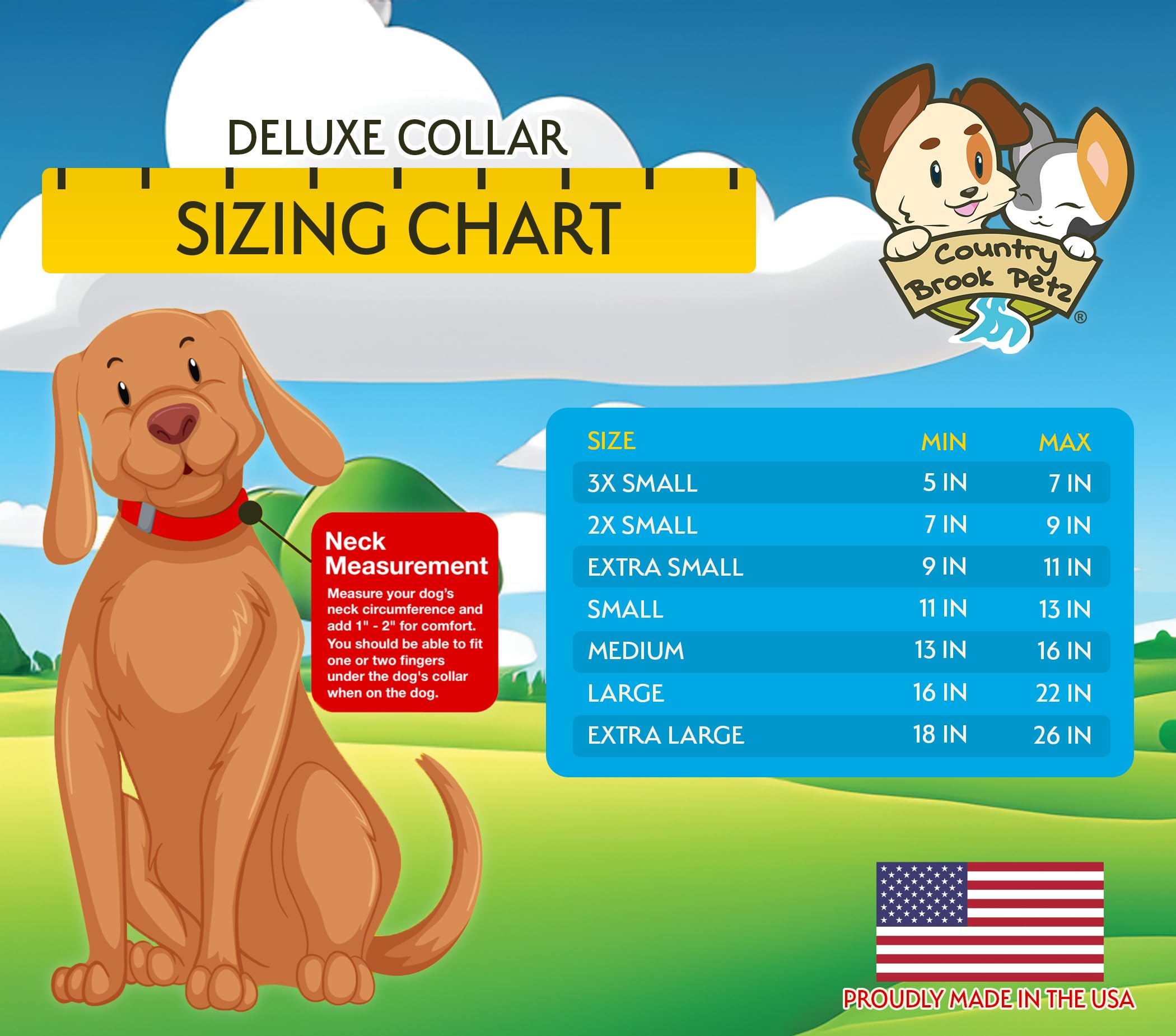 Country Brook Petz size chart helps selecting 16-22 inch collar.