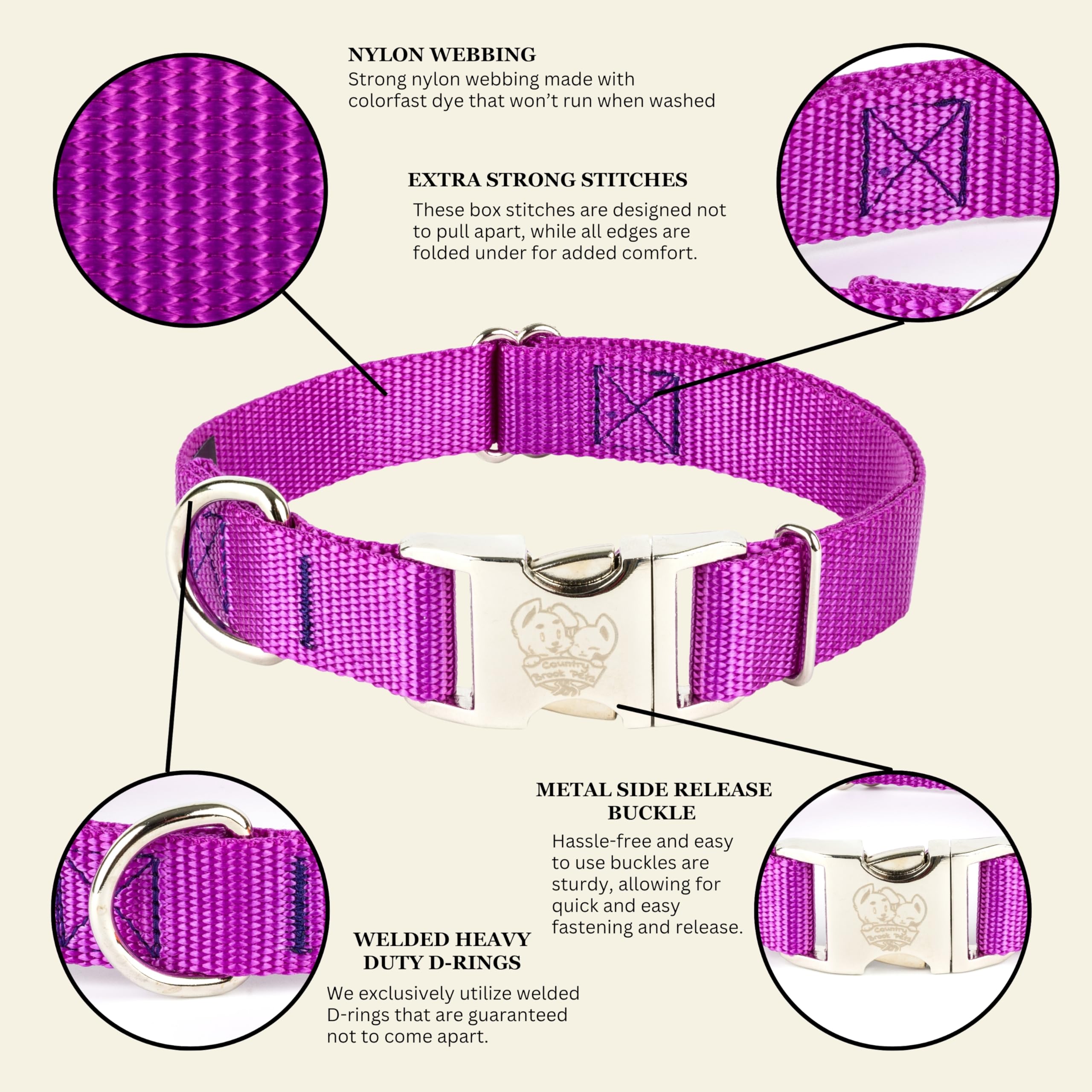 Country Brook Petz collar with tags demonstrates secure leash attachment.