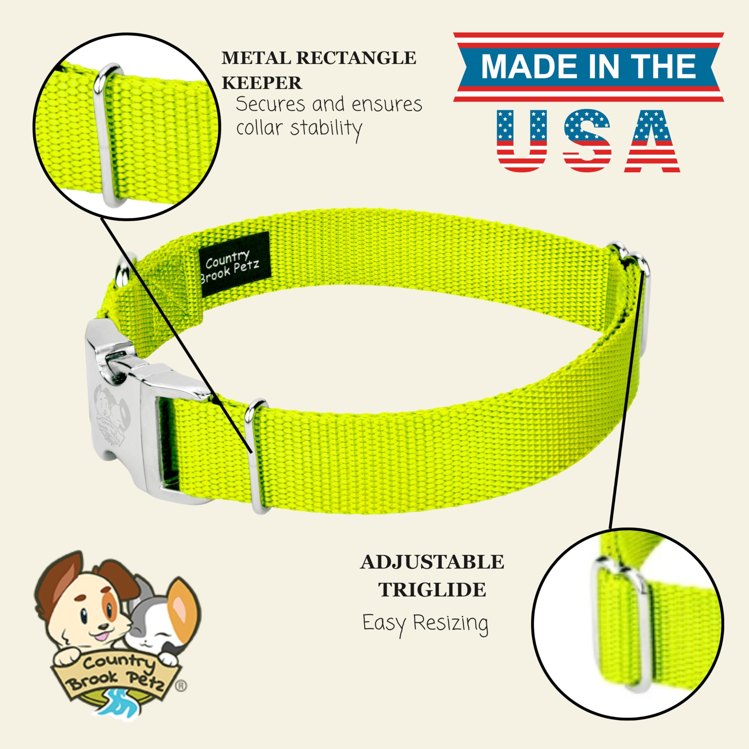 Country Brook Petz 1-inch adjustable collar with secure fit for everyday use.