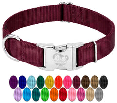 Country Brook Petz burgundy collar closeup showing durable nylon and smooth buckle for daily walks.