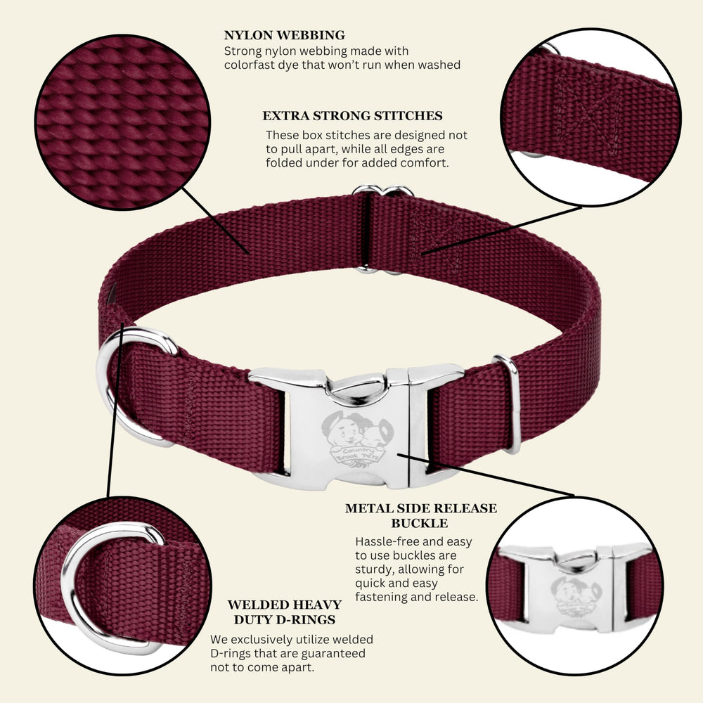 Country Brook Petz burgundy collar on a dog during a relaxed stroll.