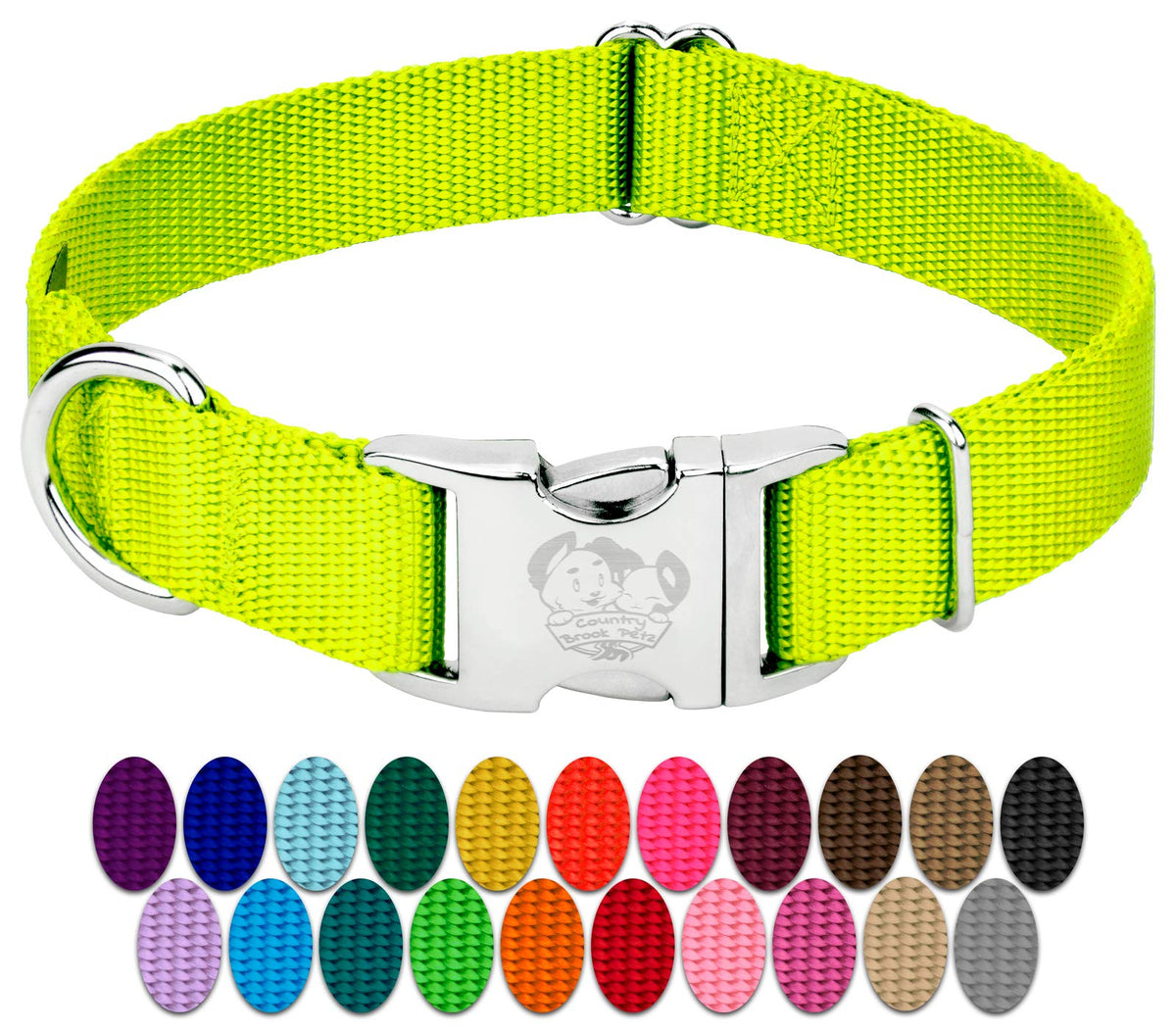 Country Brook Petz premium nylon dog collar in hot yellow with metal buckle for durable daily walks.