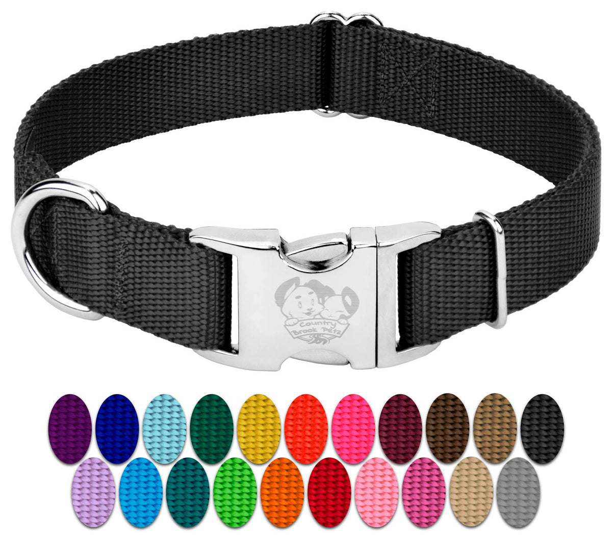 Country Brook Petz premium nylon dog collar with metal buckle, black, 3/4 inch, ideal for daily walks.