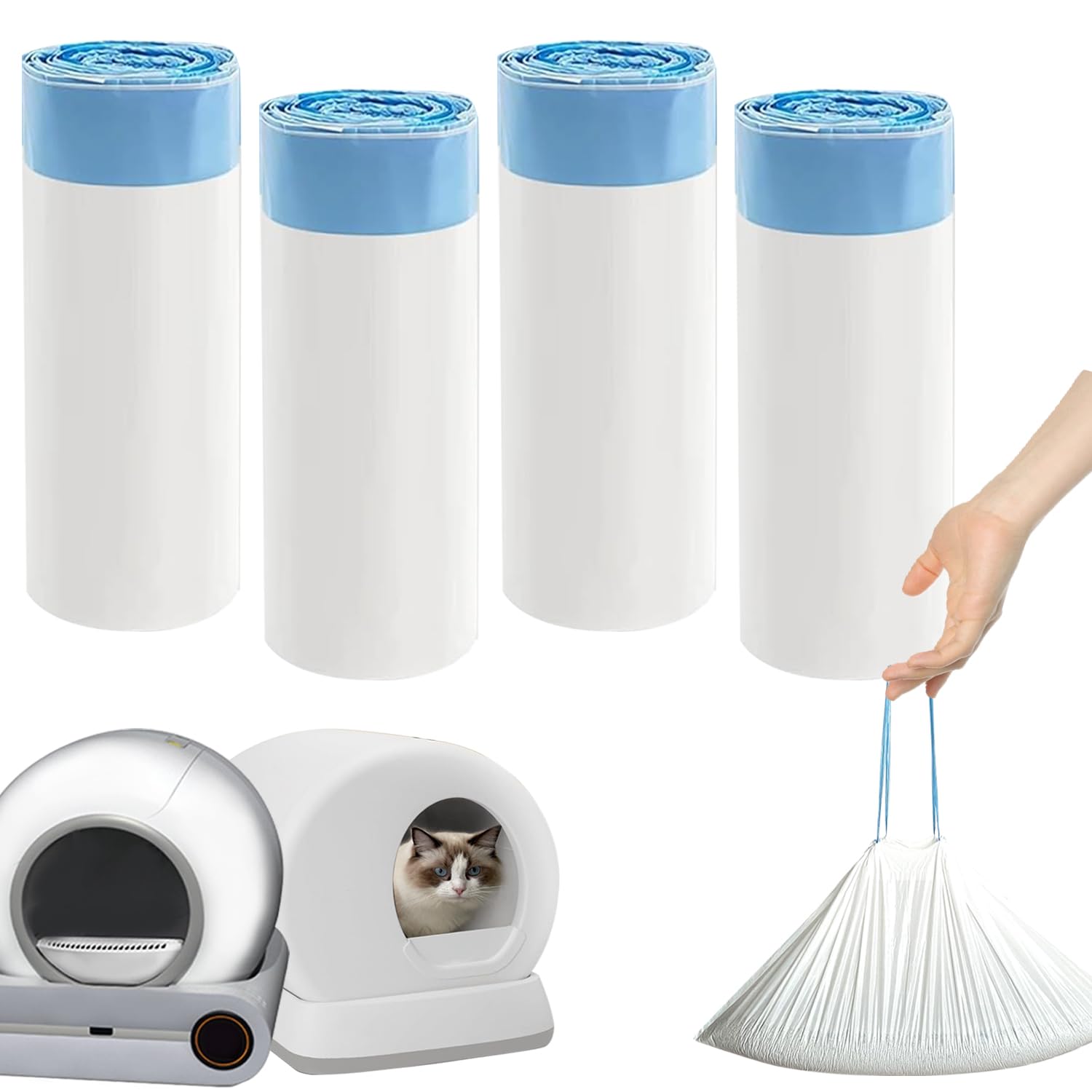 CoveCozy waste bags with drawstring closure demonstrate quick sealing and disposal.