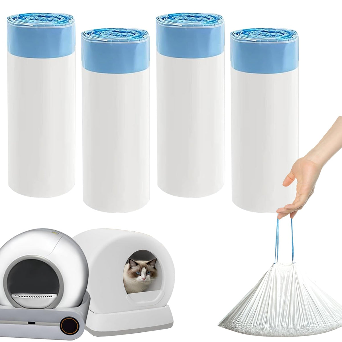 CoveCozy waste bags with drawstring closure demonstrate quick sealing and disposal.