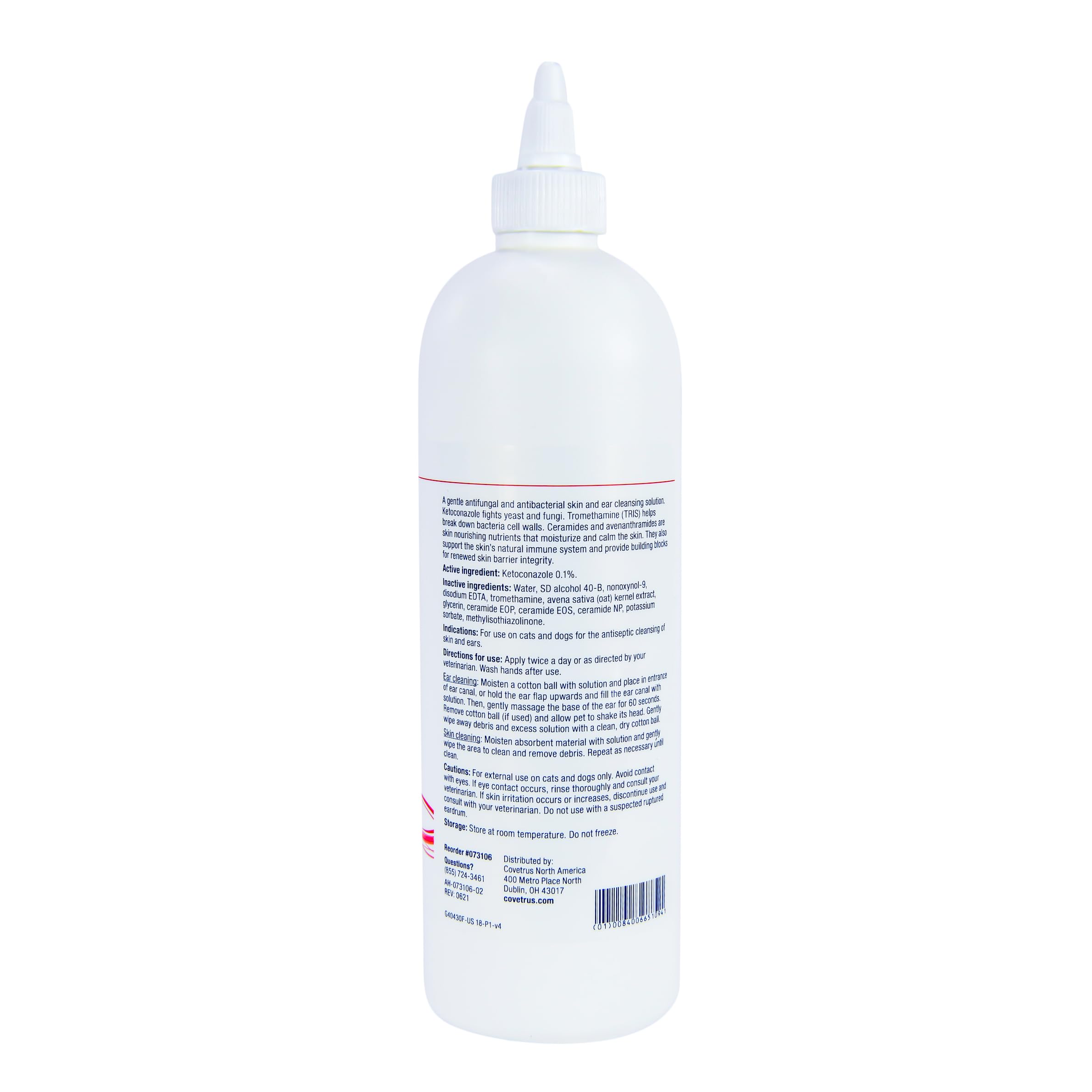 Covetrus CeraSoothe KET Antiseptic Flush label close-up highlighting antifungal and antibacterial action.