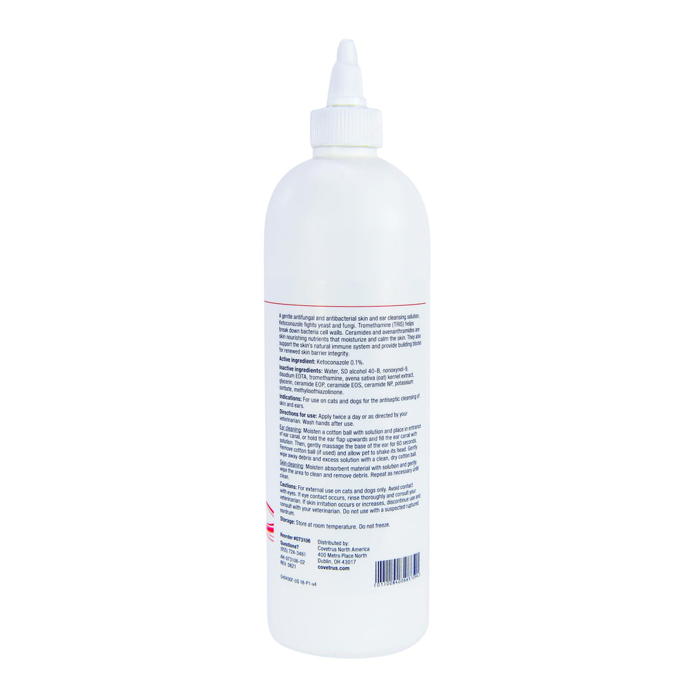 Covetrus CeraSoothe KET Antiseptic Flush label close-up highlighting antifungal and antibacterial action.