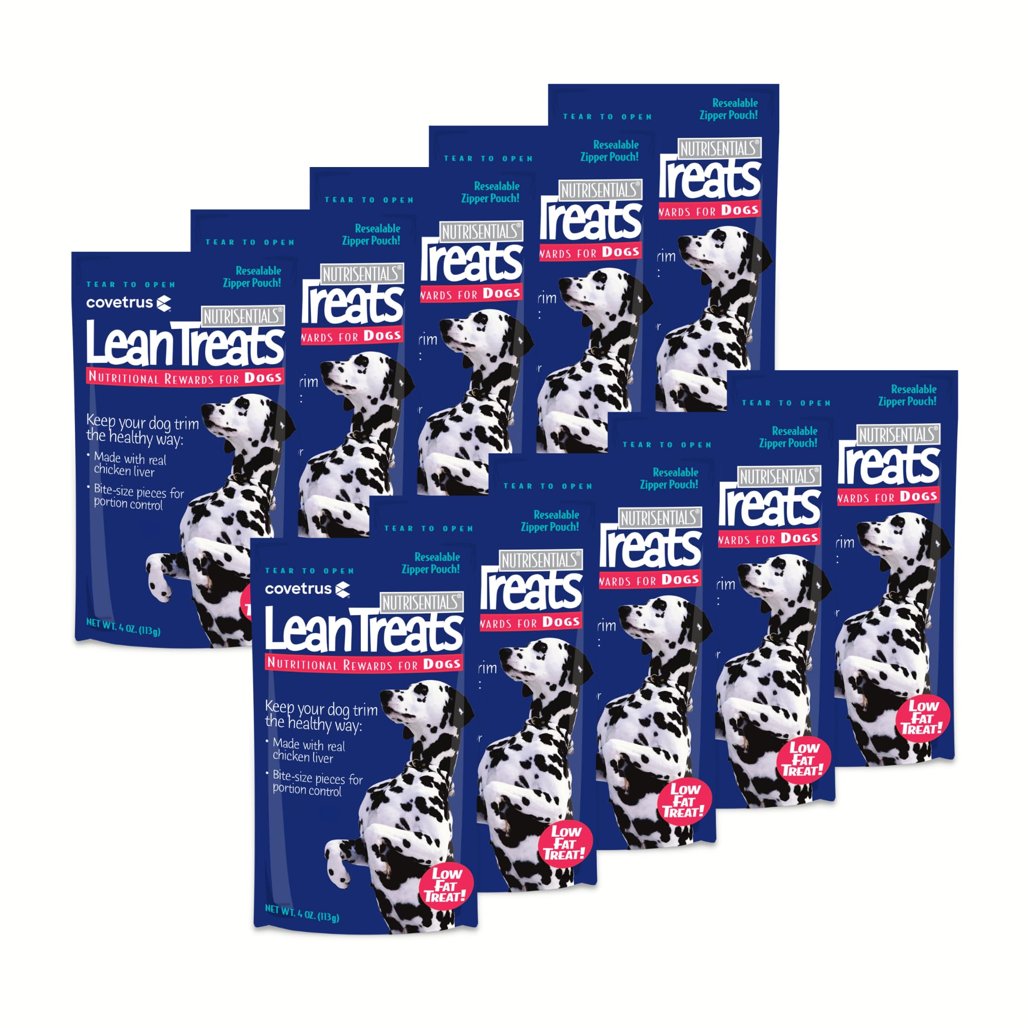 Covetrus Nutrisential Lean Treats for Dogs pack shot highlighting bite-sized, low-calorie rewards.