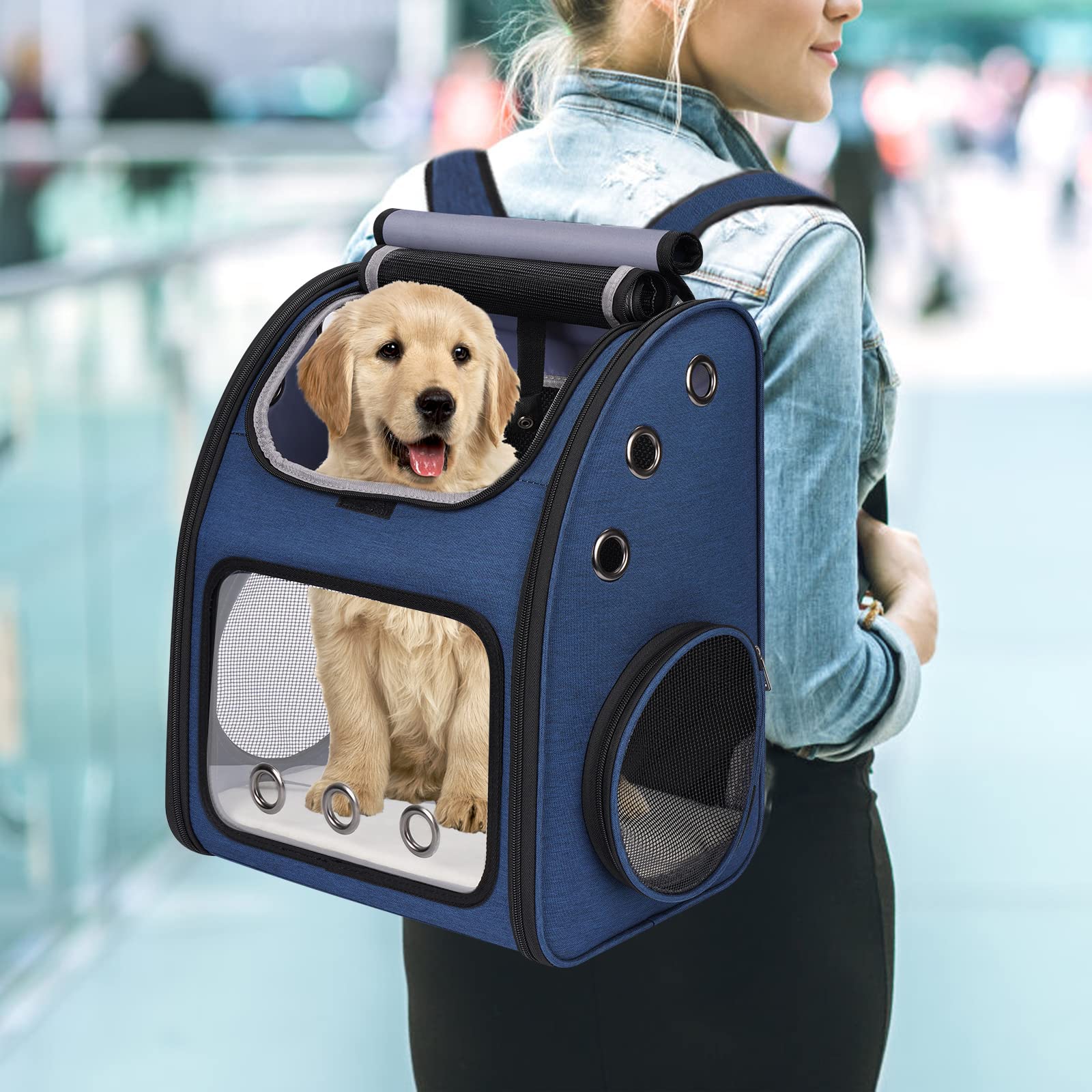 COVONO blue airline-approved pet backpack ready for flights and road trips