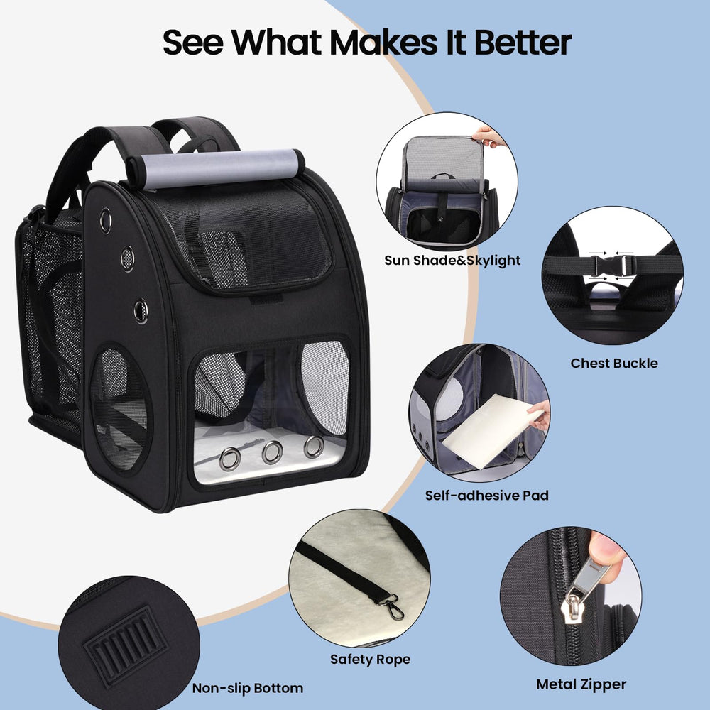 COVONO Cat Carrier Backpack top window with safety leash prevents escapes.