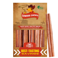 Cowdog Chews Beef Bully Stick packaging reveals odor-free beef chew for all breeds.
