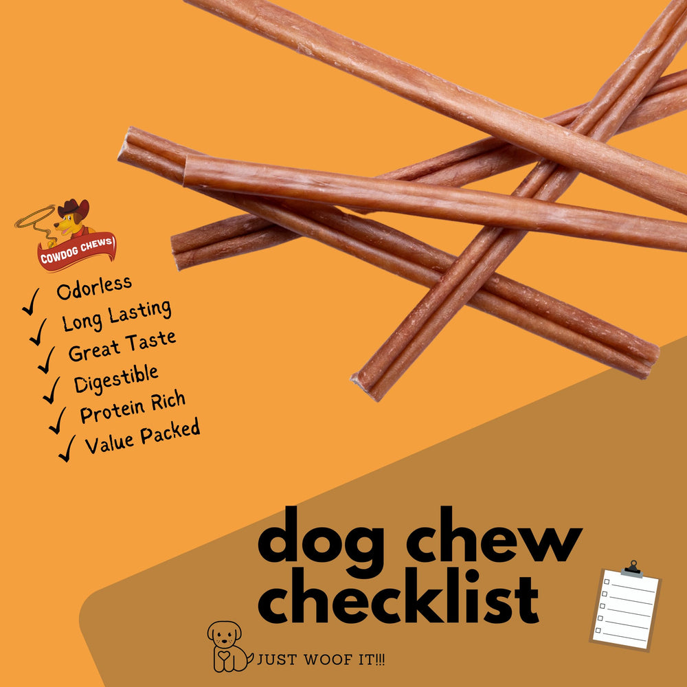Cowdog Chews beef bully-stick odor-free image emphasizes mess-free snacking for households.