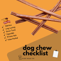 Cowdog Chews beef bully-stick odor-free image emphasizes mess-free snacking for households.