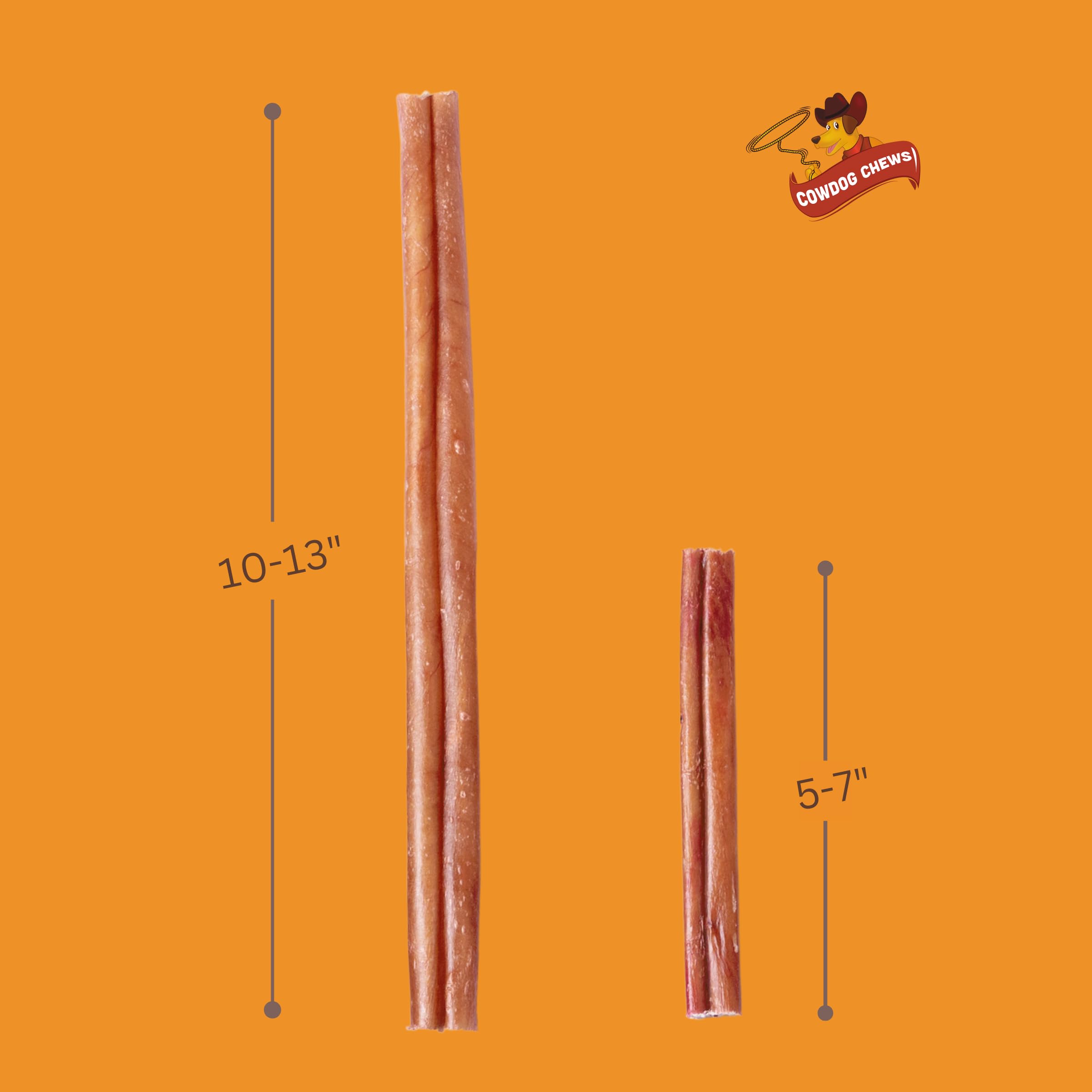 Cowdog Chews collagen beef bully stick natural texture highlighted for healthy, digestible treats.