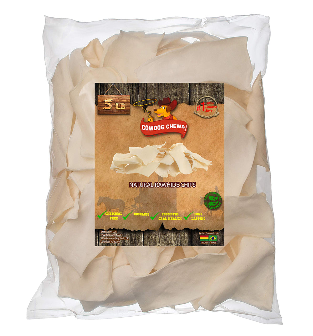 Cowdog Chews Natural Rawhide Chips packaging view highlights premium quality and value.